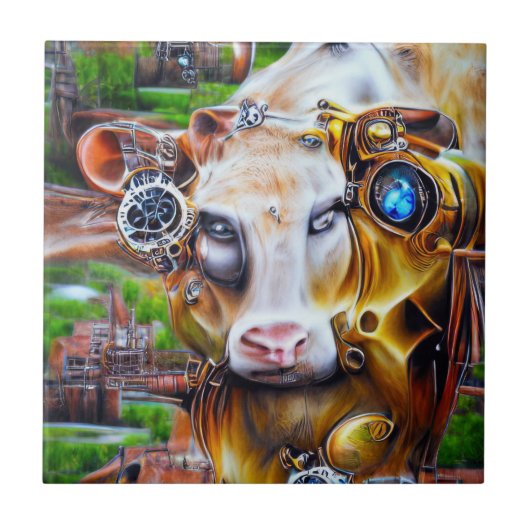 Steampunk Cyber Koe Tegeltje (Voorkant)