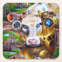 Steampunk Cyber Koe Vierkante Kartonnen Onderzetter