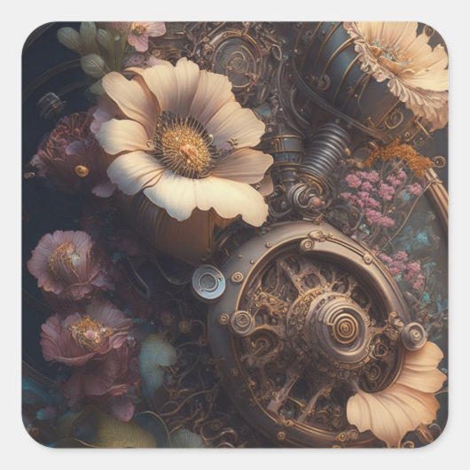 Steampunk deur met witte bloemen vierkante sticker (Voorkant)
