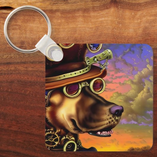 Steampunk Digital Art Dog-portret Sleutelhanger (Voorkant)