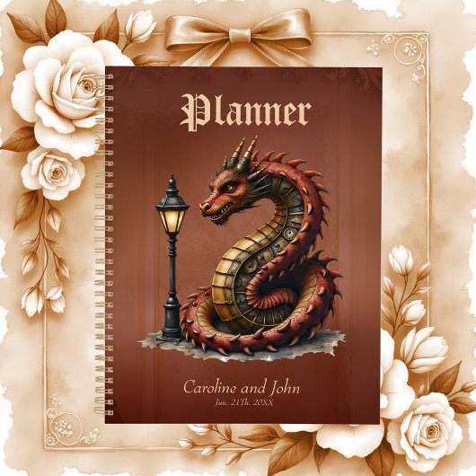 Steampunk Dragon à côté d'un lampadaire vintage.