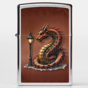 Steampunk Dragon naast een  straatlamp.