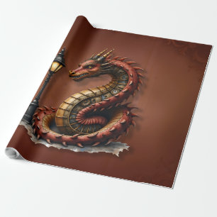 Steampunk Dragon naast een  straatlamp. Cadeaupapier