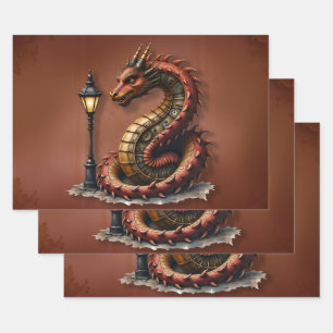 Steampunk Dragon naast een  straatlamp. Inpakpapier Vel