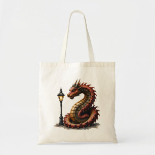 Steampunk Dragon naast een straatlamp. Tote Bag