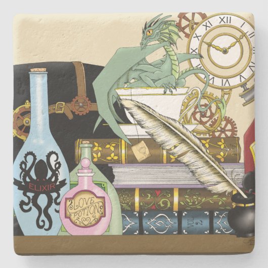 Steampunk Dragon Potions Boeken Stenen Onderzetter (Voorkant)