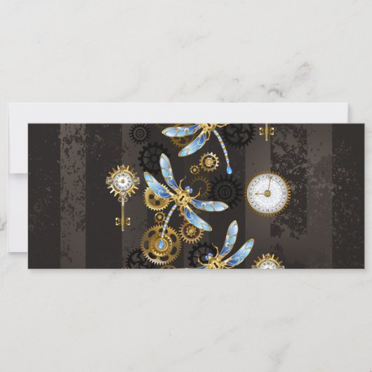 Steampunk Dragonflies op bruine gestreepte achterg Aankondiging (Voorkant)