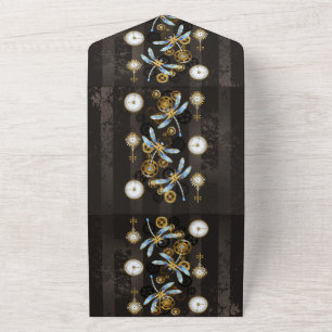 Steampunk Dragonflies op bruine gestreepte achterg All In One Uitnodiging