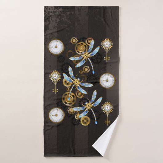 Steampunk Dragonflies op bruine gestreepte achterg Bad Handdoek (Badhanddoek)