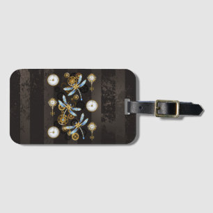 Steampunk Dragonflies op bruine gestreepte achterg Bagagelabel