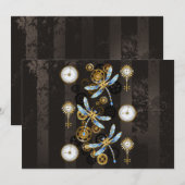 Steampunk Dragonflies op bruine gestreepte achterg Bedankkaart (Voorkant / Achterkant)