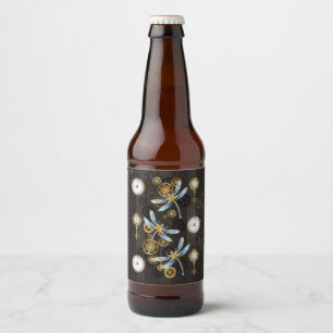 Steampunk Dragonflies op bruine gestreepte achterg Bier Etiket