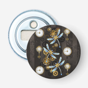 Steampunk Dragonflies op bruine gestreepte achterg Button Flesopener