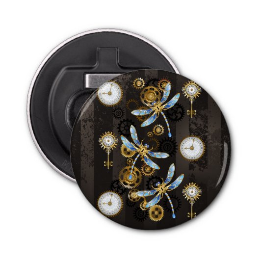 Steampunk Dragonflies op bruine gestreepte achterg Button Flesopener (Voorkant)