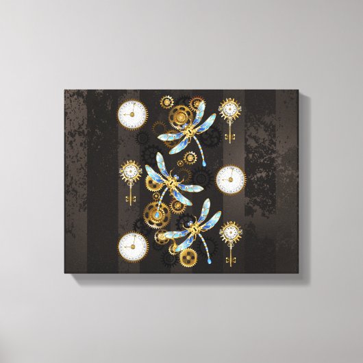 Steampunk Dragonflies op bruine gestreepte achterg Canvas Afdruk (Voorkant)