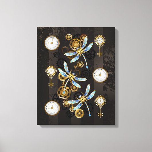 Steampunk Dragonflies op bruine gestreepte achterg Canvas Afdruk (Voorkant)
