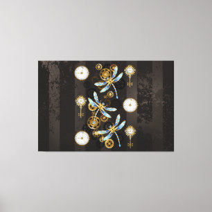 Steampunk Dragonflies op bruine gestreepte achterg Canvas Afdruk