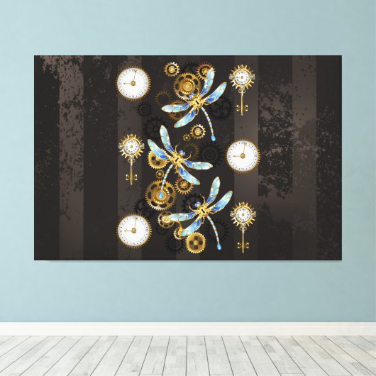 Steampunk Dragonflies op bruine gestreepte achterg Canvas Afdruk (Insitu (Houten vloer))