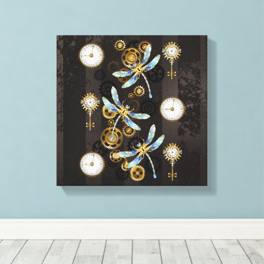 Steampunk Dragonflies op bruine gestreepte achterg Canvas Afdruk (Insitu (Houten vloer))
