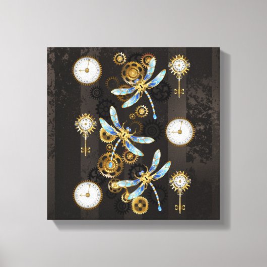 Steampunk Dragonflies op bruine gestreepte achterg Canvas Afdruk (Voorkant)