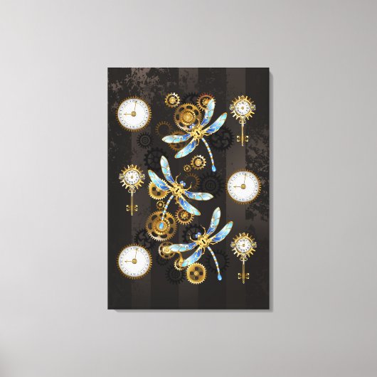 Steampunk Dragonflies op bruine gestreepte achterg Canvas Afdruk (Voorkant)