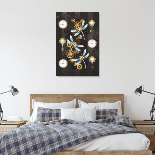 Steampunk Dragonflies op bruine gestreepte achterg Canvas Afdruk (Insitu (Slaapkamer))