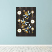 Steampunk Dragonflies op bruine gestreepte achterg Canvas Afdruk (Insitu (Houten vloer))