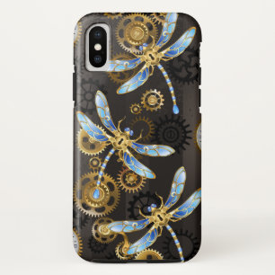 Steampunk Dragonflies op bruine gestreepte achterg iPhone X Hoesje