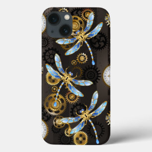 Steampunk Dragonflies op bruine gestreepte achterg iPhone 13 Hoesje