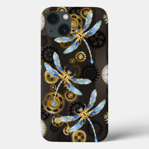Steampunk Dragonflies op bruine gestreepte achterg iPhone 13 Hoesje
