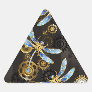 Steampunk Dragonflies op bruine gestreepte achterg Driehoek Sticker