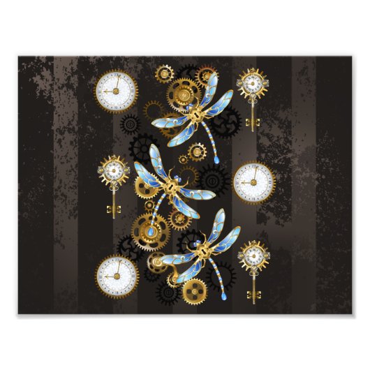 Steampunk Dragonflies op bruine gestreepte achterg Foto Afdruk (Voorkant)