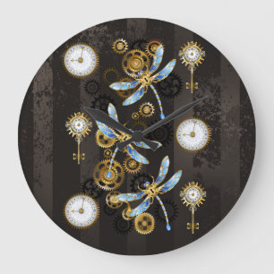 Steampunk Dragonflies op bruine gestreepte achterg Grote Klok