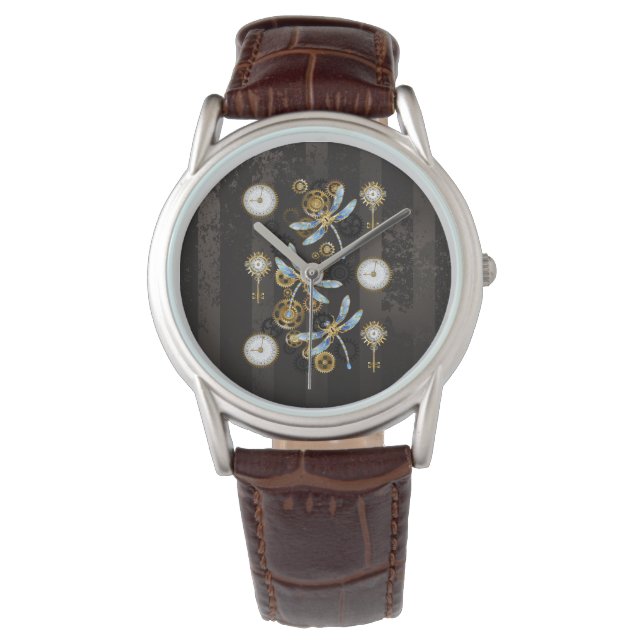 Steampunk Dragonflies op bruine gestreepte achterg Horloge (Voorkant)