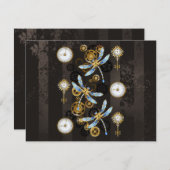 Steampunk Dragonflies op bruine gestreepte achterg Informatiekaartje (Voorkant / Achterkant)