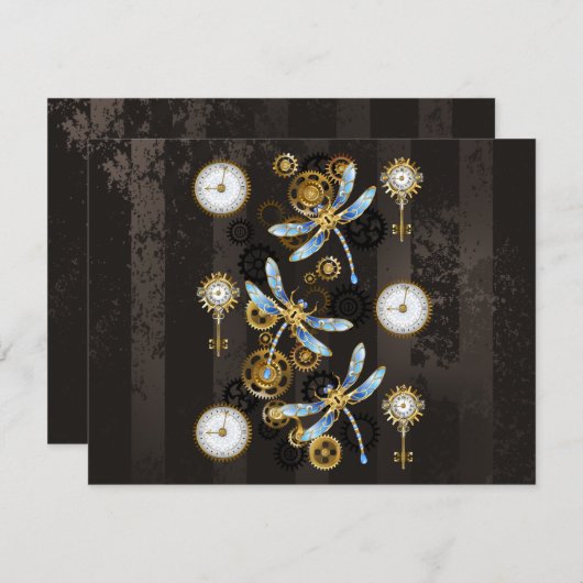 Steampunk Dragonflies op bruine gestreepte achterg Informatiekaartje (Voorkant / Achterkant)