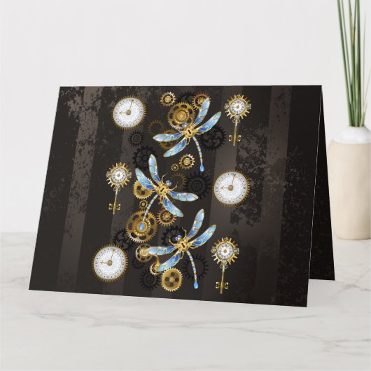 Steampunk Dragonflies op bruine gestreepte achterg Kaart (Voorkant)