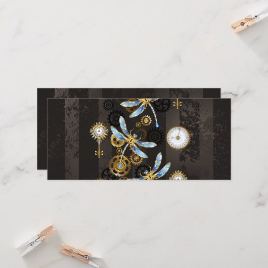 Steampunk Dragonflies op bruine gestreepte achterg Kaart (Voorkant / Achterkant in situ)