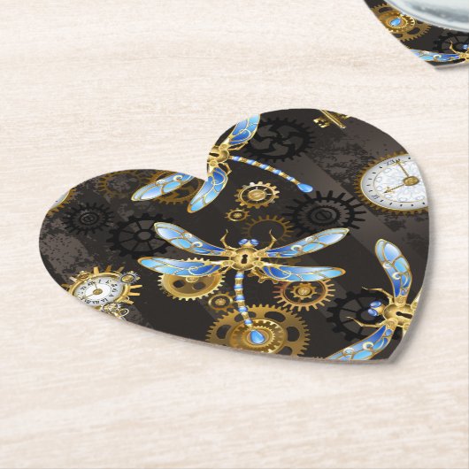 Steampunk Dragonflies op bruine gestreepte achterg Kartonnen Onderzetters (Gekanteld)