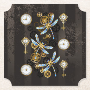 Steampunk Dragonflies op bruine gestreepte achterg Kartonnen Onderzetters