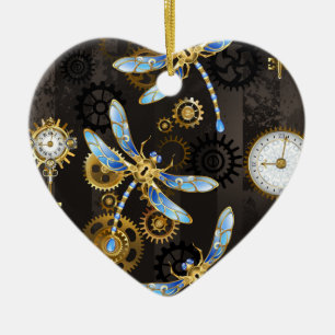 Steampunk Dragonflies op bruine gestreepte achterg Keramisch Ornament
