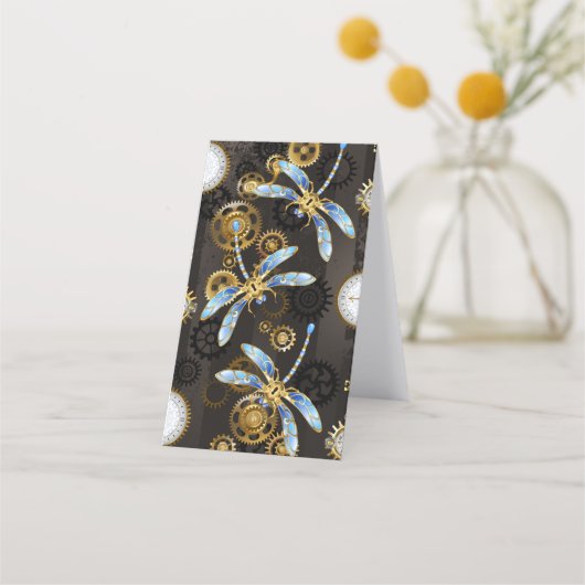 Steampunk Dragonflies op bruine gestreepte achterg Klantenkaartje (Voorkant)