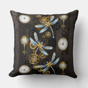 Steampunk Dragonflies op bruine gestreepte achterg Kussen