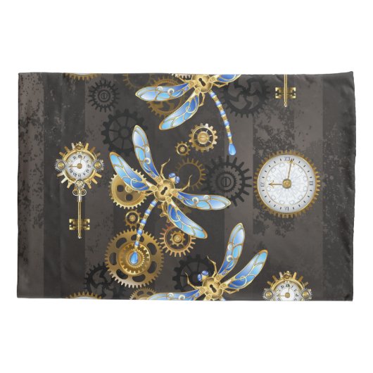 Steampunk Dragonflies op bruine gestreepte achterg Kussensloop (Achterkant)