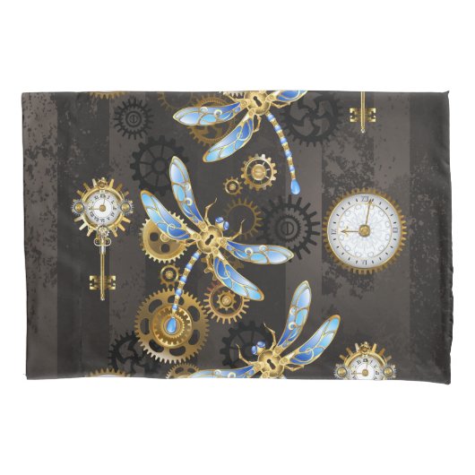 Steampunk Dragonflies op bruine gestreepte achterg Kussensloop (Voorkant)
