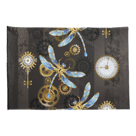Steampunk Dragonflies op bruine gestreepte achterg Kussensloop (Achterkant-Rechts)
