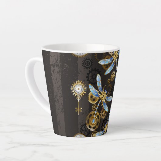 Steampunk Dragonflies op bruine gestreepte achterg Latte Mok (Linkerhoek)
