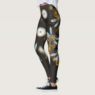 Steampunk Dragonflies op bruine gestreepte achterg Leggings