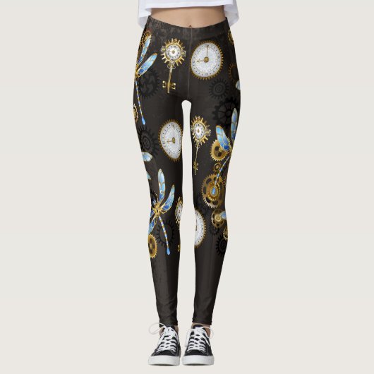Steampunk Dragonflies op bruine gestreepte achterg Leggings (Voorkant)