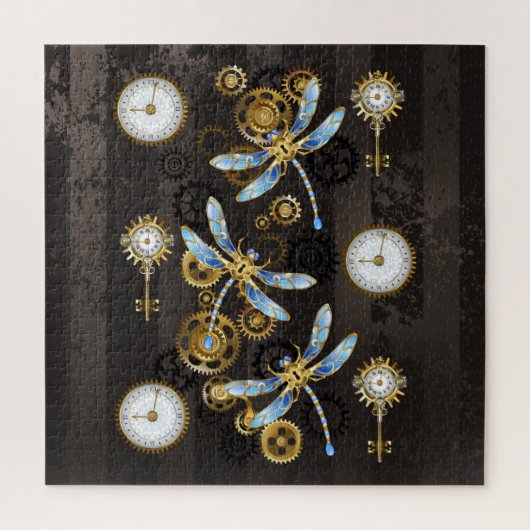 Steampunk Dragonflies op bruine gestreepte achterg Legpuzzel (Verticaal)